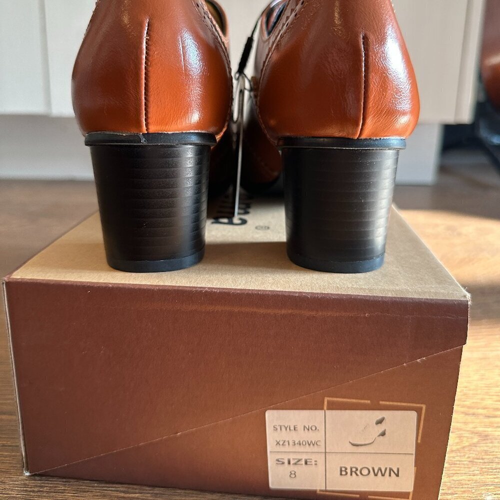 BNIB Odema Brown Brogue Lace Up‎ Oxford Tip Chunky Heels Leather Shoes - Size 8 - Picture 9 of 9